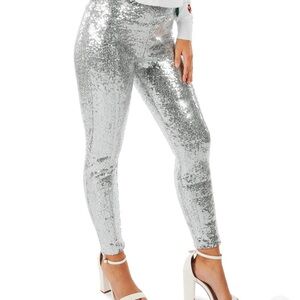 Silver Sequin High-Waisted Leggings | Size Large | Party, Festival, NYE